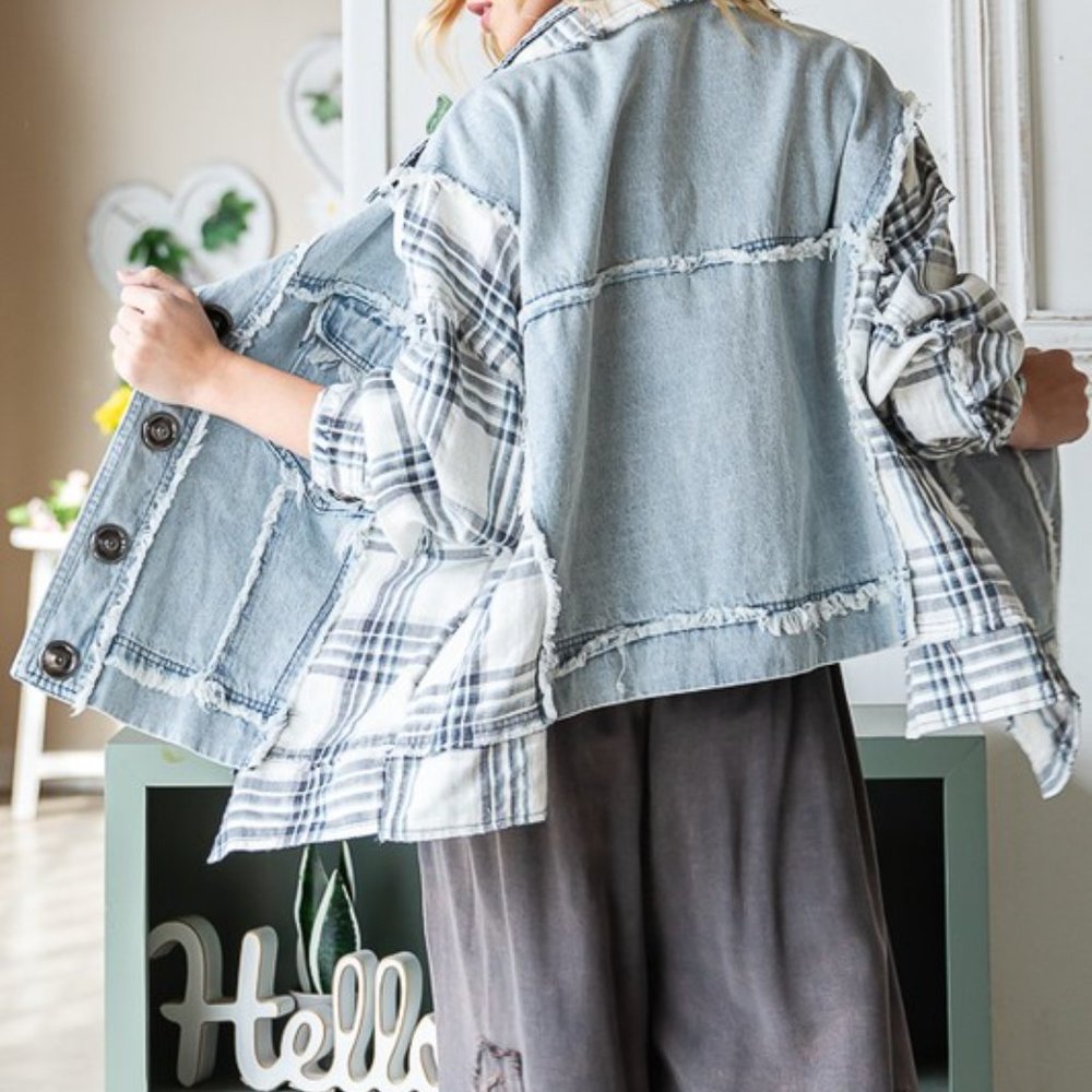 LAST ONE 😊 Oli & Hali Plaid Mixed Mineral Washed Relaxed Fit Denim Jacket - Picture 5 of 5